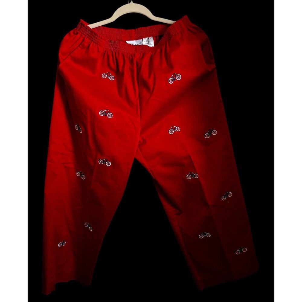 Alfred Dunner Red Bicycle Embroidered Elastic Waist Pants Size 14 Cotton/Polyest